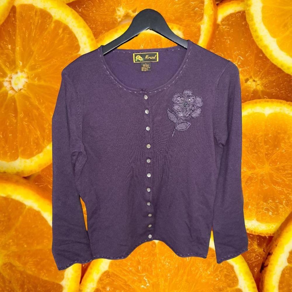 Vintage Mirasol Purple Button Cardigan with Decorative 3D Flower on Front Size L